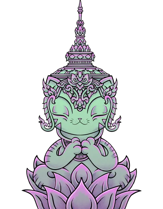 The Secret Seed Company cat: smiling, eyes closed, in a Thai temple crown, hands together, seated on a lotus